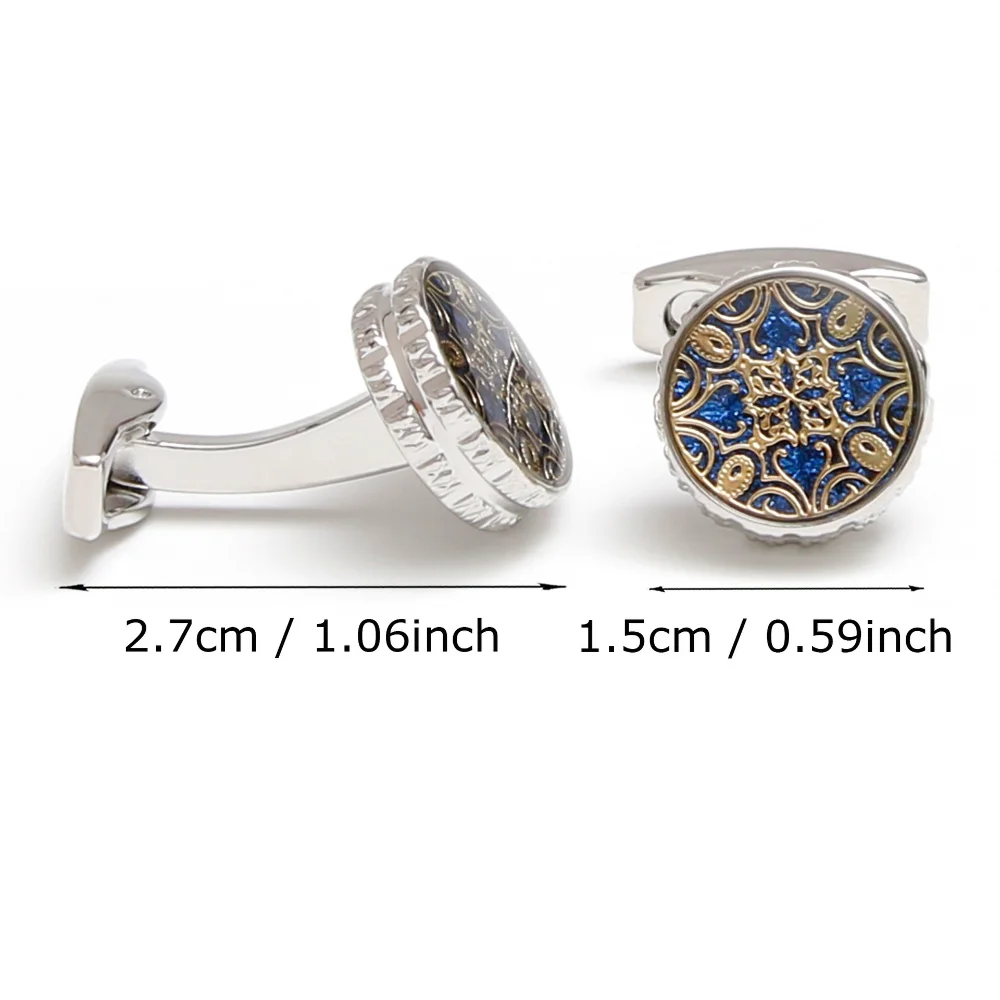 Retro Blue Gold Enamel Patterned Circular Cufflinks Men's Business Dress Shirt Cuff Buckle Vintage Cufflink Accessories
