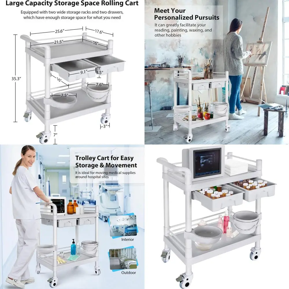 

Heavy-Duty 2-Shelf Medical Cart with Drawers and Rotating Wheels, 220 lbs Capacity for Salon, Hospital, and Home Use