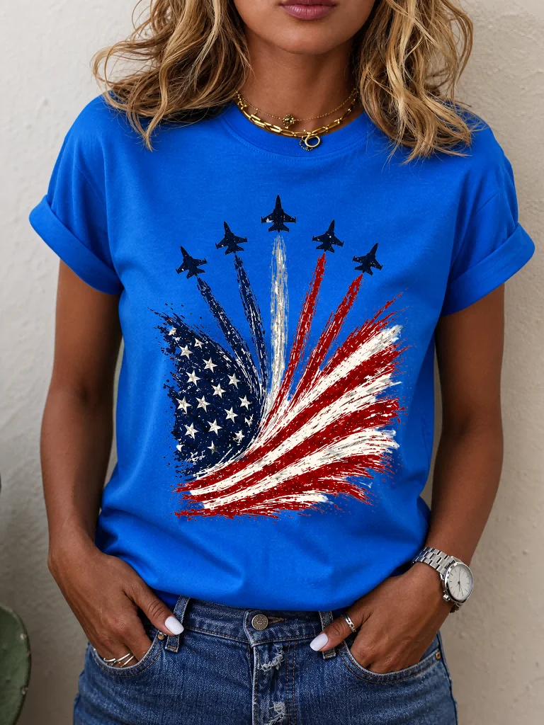 ilstile Womens 4th of July Patriotic T-Shirt American Flag Jet Fighter Print Casual Short Sleeve Crew Neck Independence Day Tops