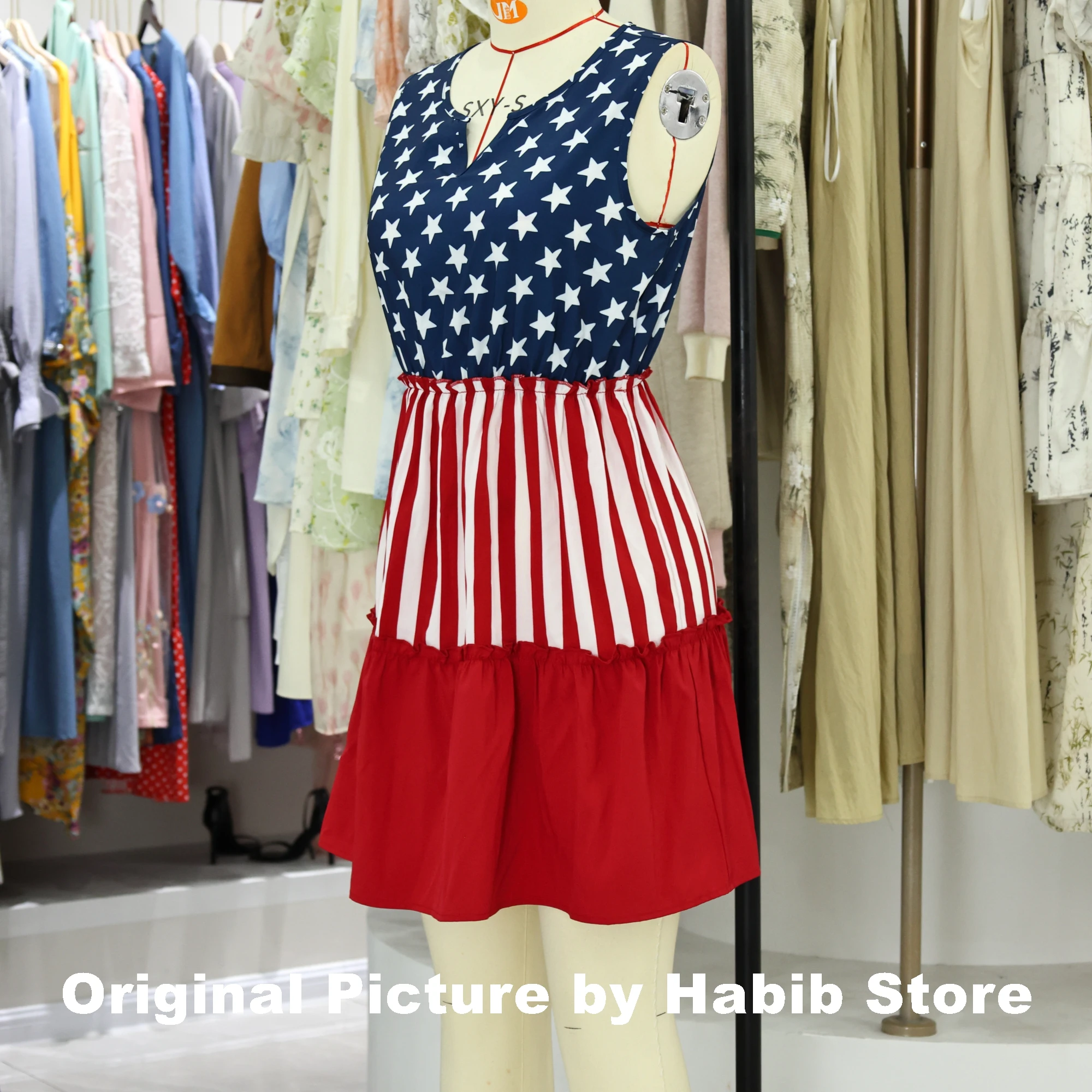 American Flag Star Short Dress High Waist Ruffle Casual Sleeveless Women Mini Summer Girl Beach Female Vest Dress Gyaru Clothes