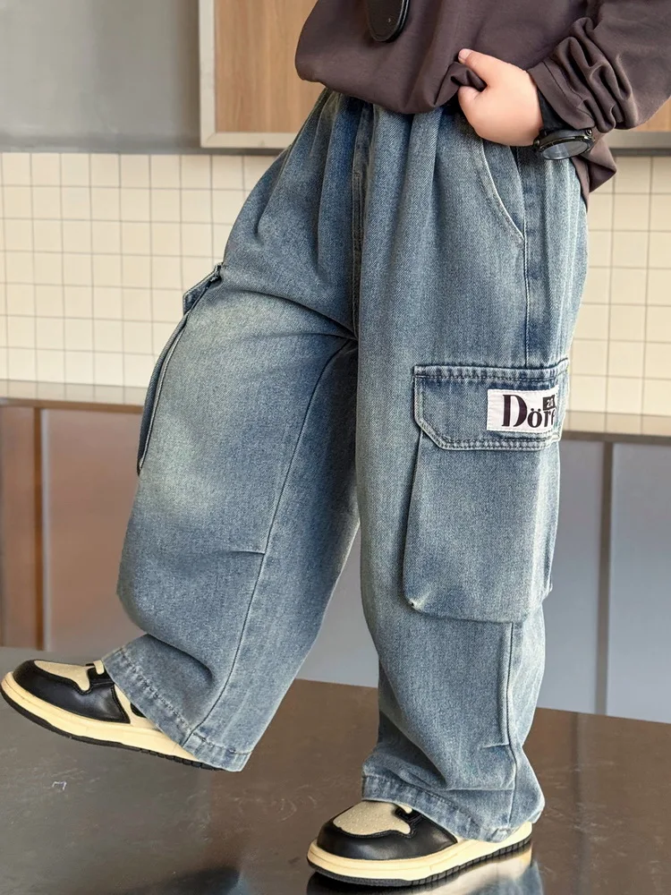 Boys Big Pocket Straight Jeans Street Style Back Pocket Big Pocket Jeans Medium Big Children Handsome Street Trousers 2-11Years