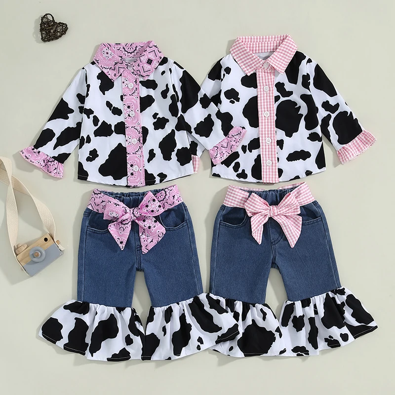 Little Girl Cow Outfit Lapel Neck Ruffle Sleeve Button Down Shirt Flare Denim Pants With Belt For Fall 1-6 Years Hot Sale