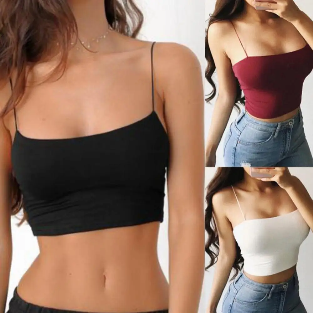 

Sexy Women Solid Color Spaghetti Straps Slim Camisole Crop Top Bottoming Blouse Spaghetti Straps Slim Style Cropped