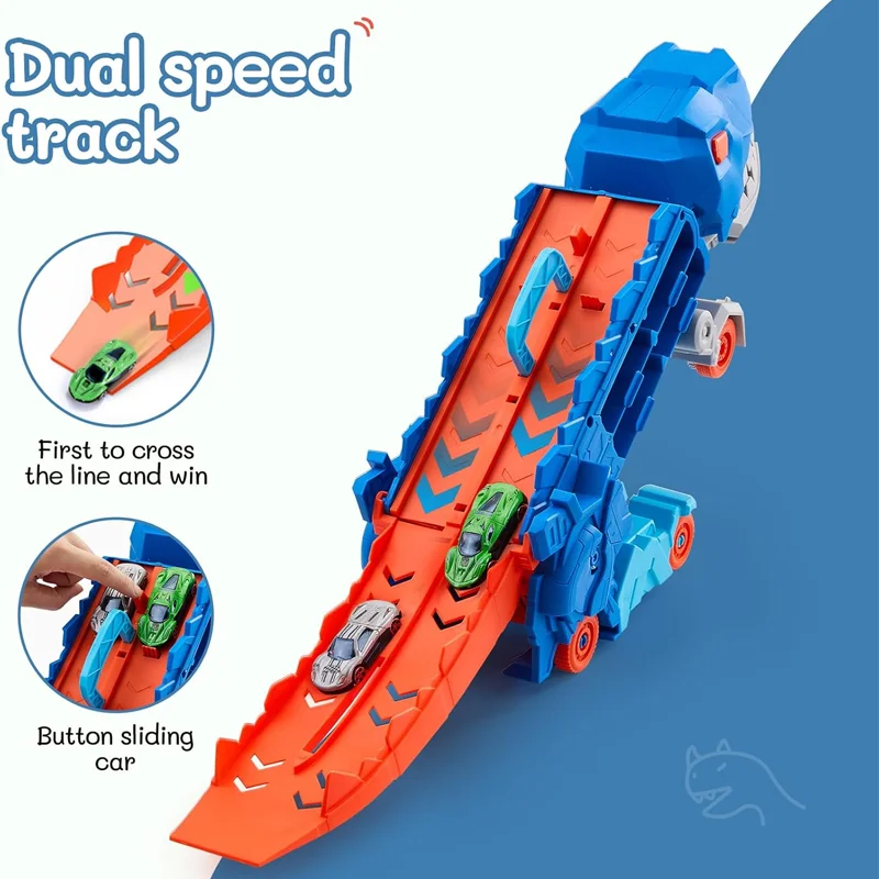 Opvouwbare transportdinosaurustruck met glijdende racebaan transformeert in staande T-rex Beste verjaardagscadeaus Speelgoed Jongens Meisjes Kind
