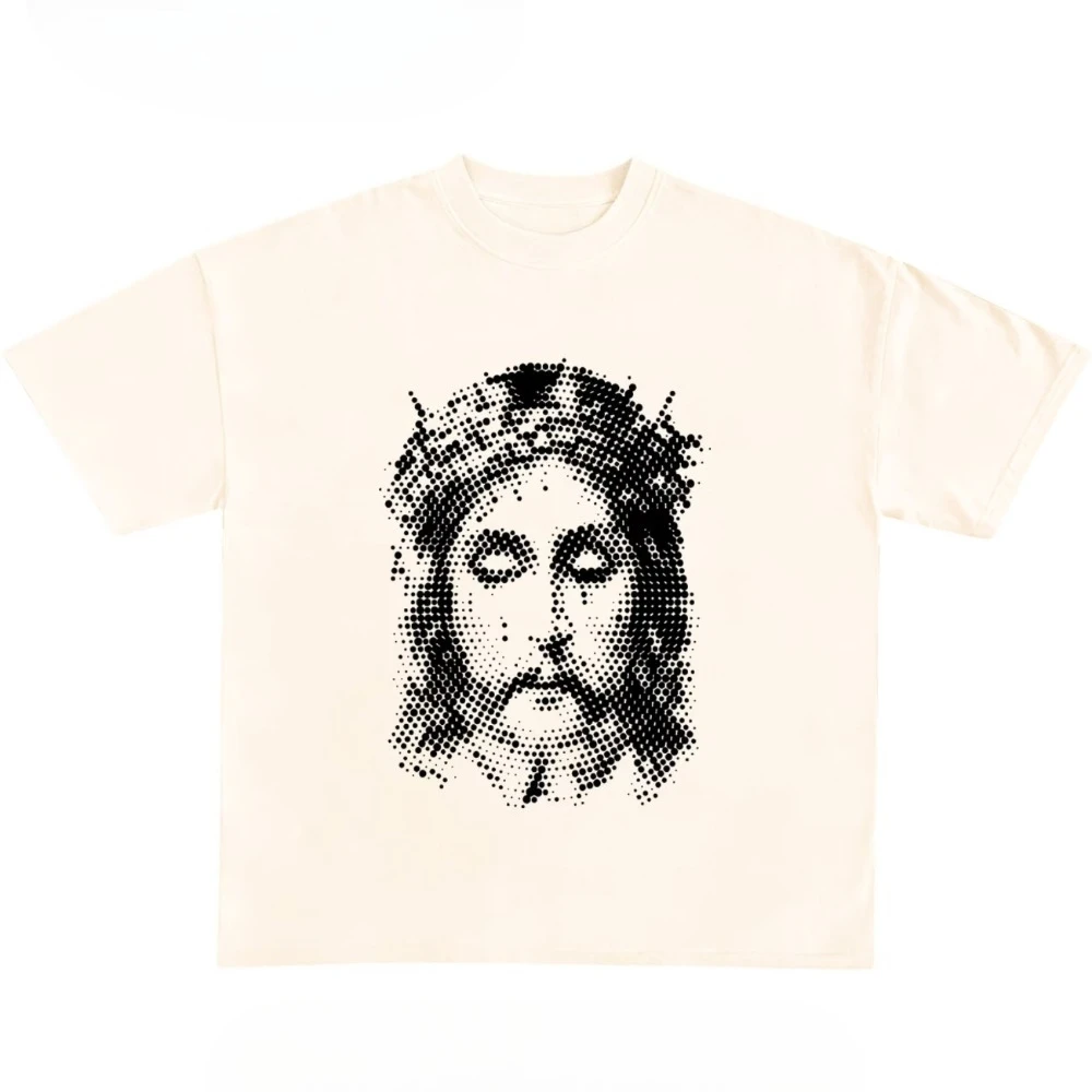 Halftone Bitmap Pixel Art Retro Trendy Portrait Character Niche Design Sense Fun Print Pattern T-Shirt New Fashion Short Sleeve