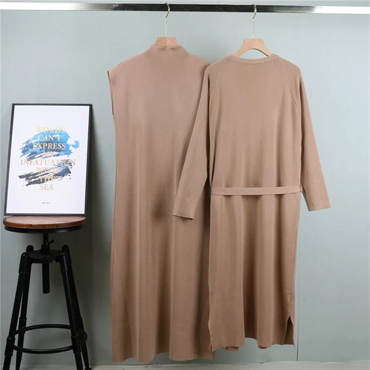 Costumes tricotés pour femmes, Cardigan à manches longues, manteau Long en tricot et robe longue sans manches, ensemble pull tricoté 2 pièces pour femme, automne