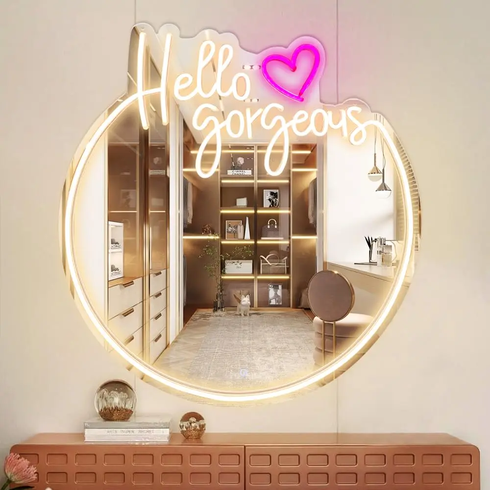  Hello Gorgeous Mirror LED Neon Sign USB Dimmable Neon Light Sign for Gameroom Bedroom Bar Livingroom Party Gift Wall Gift