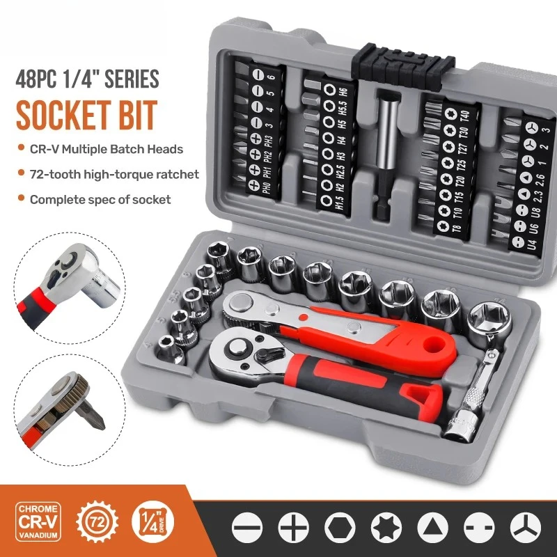 New 1/4" Drive Quick-Release Ratchet & Bit Set, Cr-V Steel W/ Phillips/Slotted Screwdrivers for Auto Repair & Hand Tools