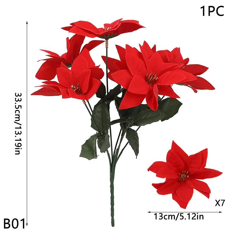 1-5 حزم الاصطناعي زهرة عيد الميلاد باقات البونسيتة الحمراء لعيد الميلاد المنزل حديقة الجدول زهرية الديكور زهور الزفاف #4
