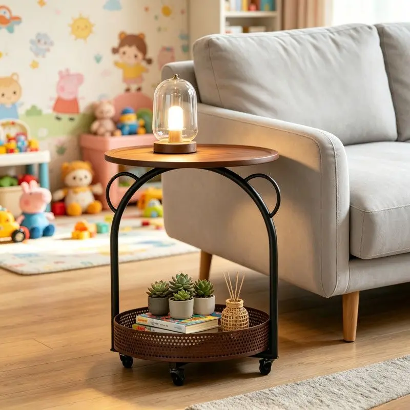 Sofa Table, Round Rolling Side End Table With Wheels, 2-Tier Storage Wood Grain Top Black Metal Frame For Living Room