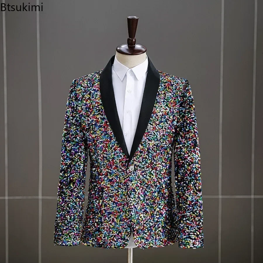 2024 Men\'s Sequins Suit Jacket White Green Stage Performance Host Wedding Party Male Blazer Single Button Fashion Man Suit Coats