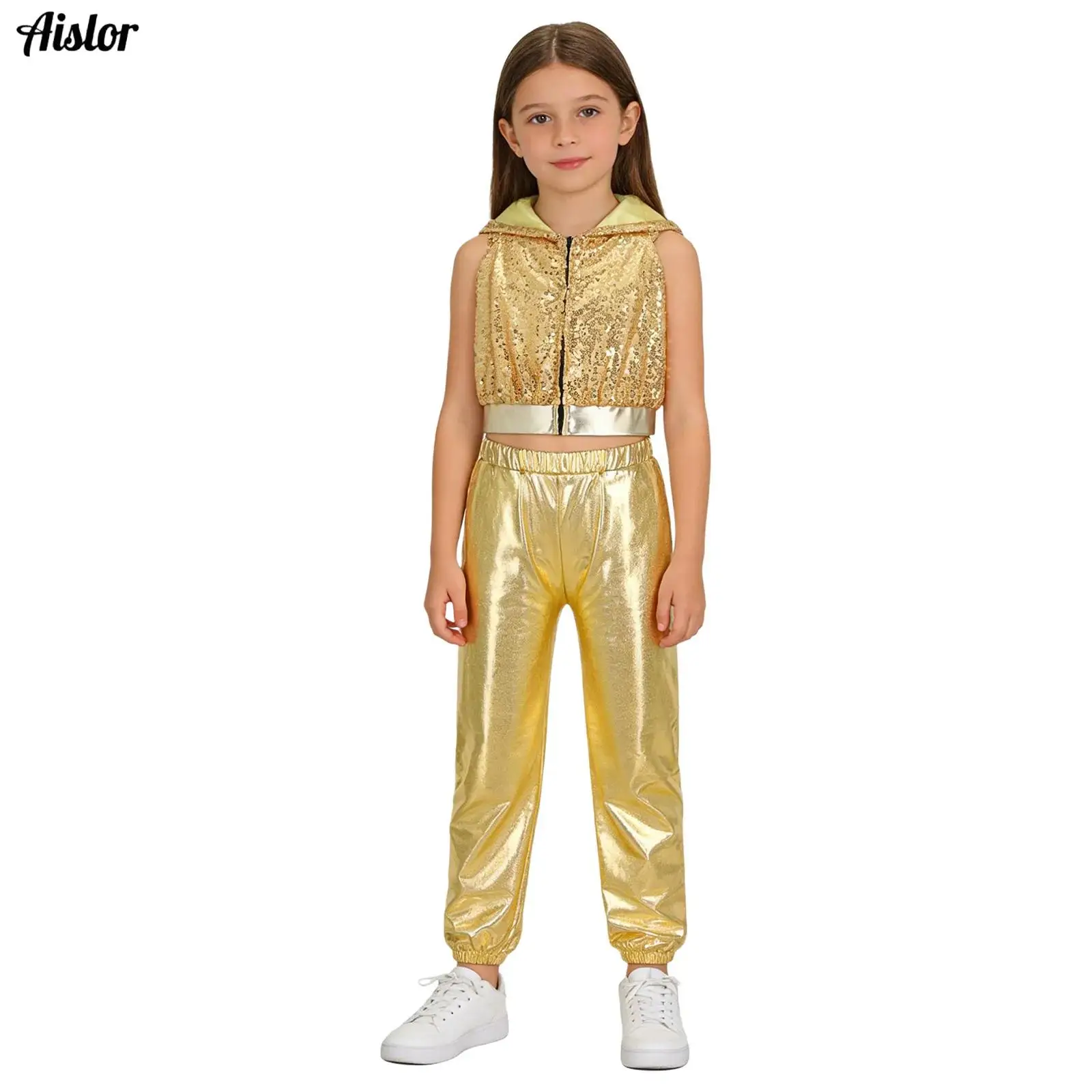 

2Pcs/Set Kids Girls Hip-Hop Jazz Dance Costume Sleeveless Backless Zipper Shiny Sequins Hooded Crop Top+Metallic Pants Outfit