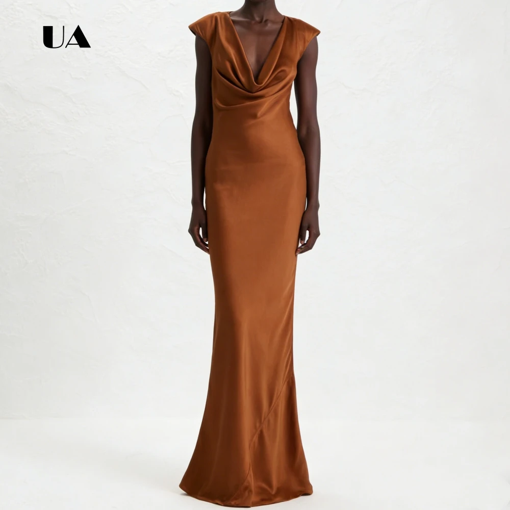 

ULBYANRY Satin Mermaid Prom Dress with Cap Sleeves, Solid Swinging V-collar Evening Dress, Elegant Draped Customized Party Gown