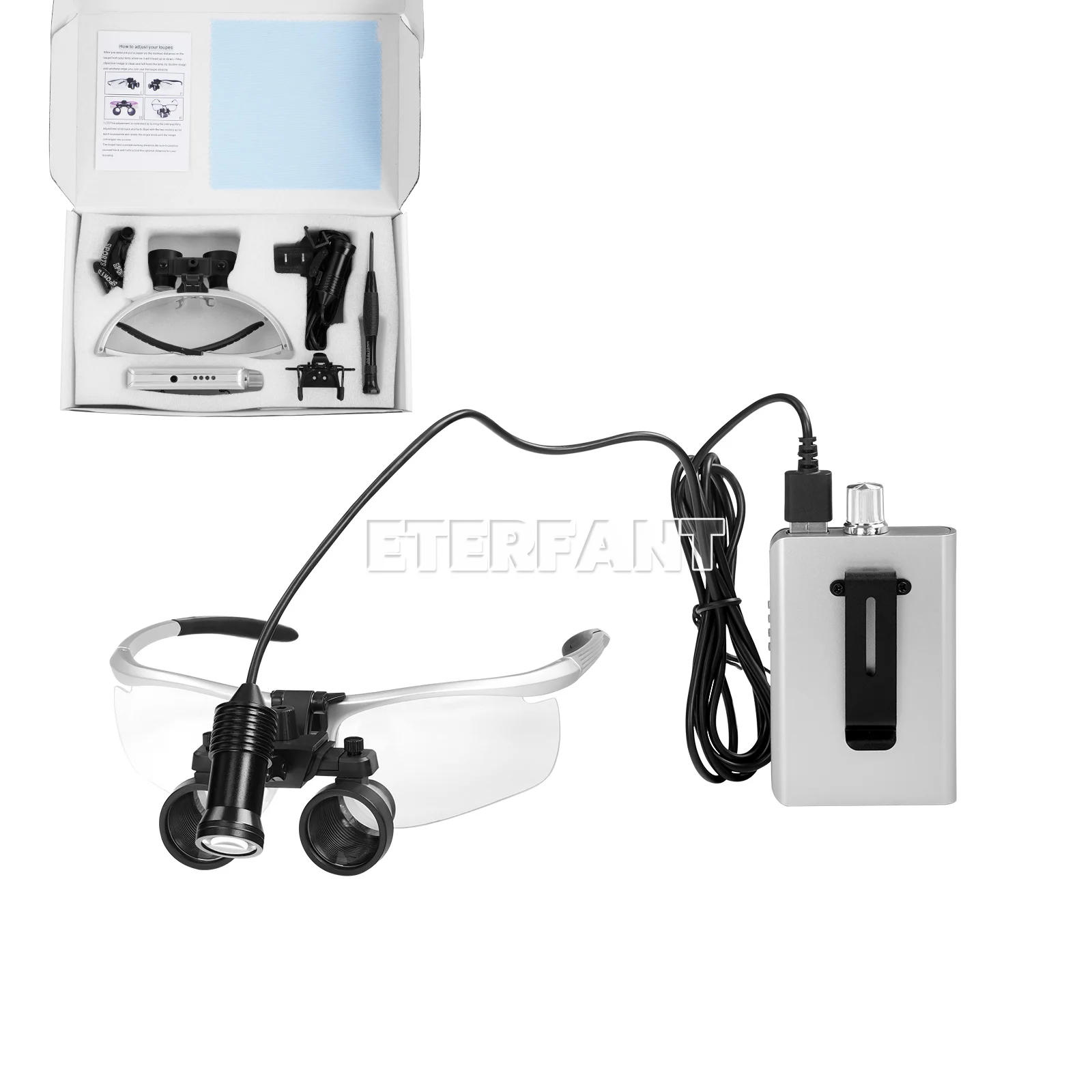 ETERFANT Dental Medical Surgical Binocular Magnifier Loupes 3.5X-420 mm with LED 5W Head Light Lamp Silver