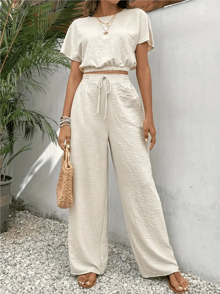 Summer Fashion Two Piece Sets For Women O-neck Back Button Crop Top + Drawstring Long Pants Sets Office Lady Solid Color Suit