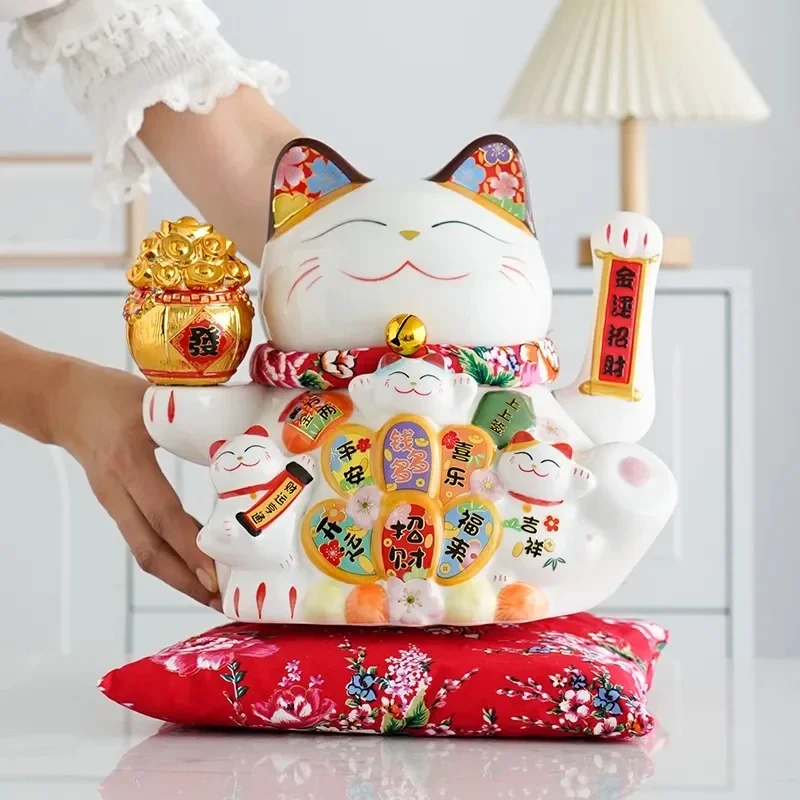 7 Inch Fortune Cat with Waving Arm Ceramic ManekI Neko Feng Shui Ornament Lucky Cat for Shops, Restaur