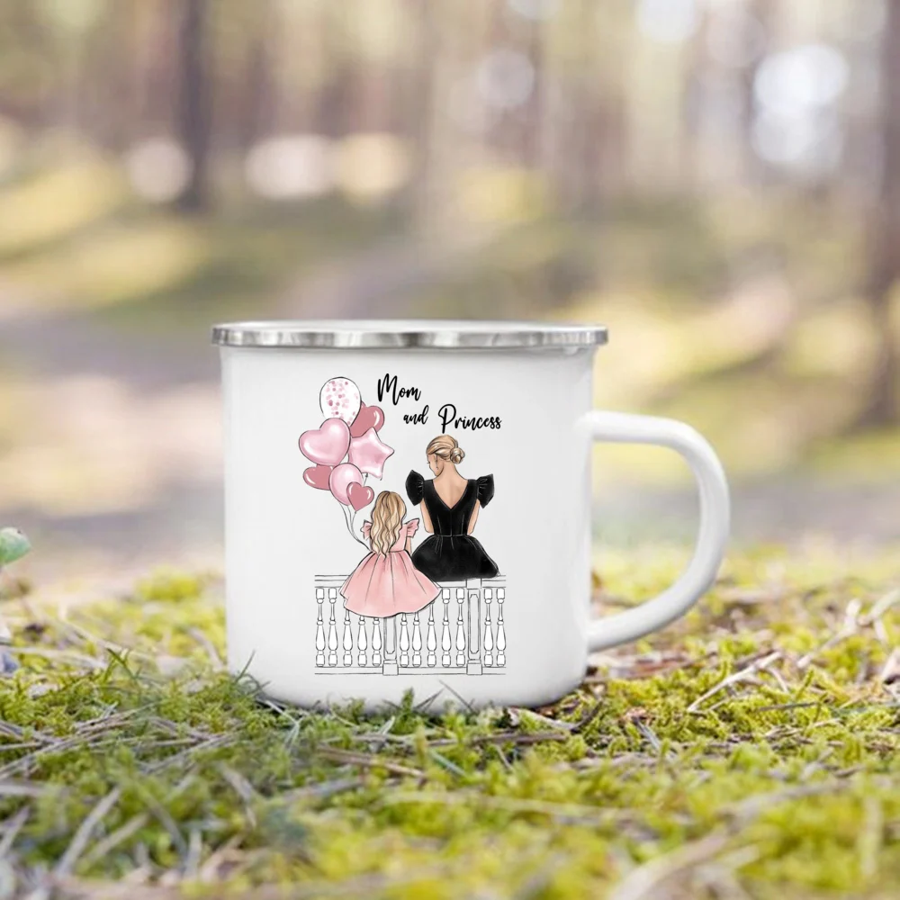 

Queen and Princess Print Enamel Mug Family Matching Coffee Cup Camping Mug Festive Mothers Day Birthday Gift for Mom or Daughter