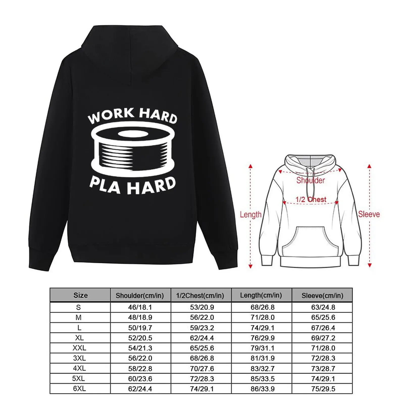 Work Hard PLA Hard - تصميم مضحك بطباعة ثلاثية الأبعاد، ملابس شتوية بقلنسوة للرجال، ملابس رجالية بقلنسوة برسومات جرافيكية
