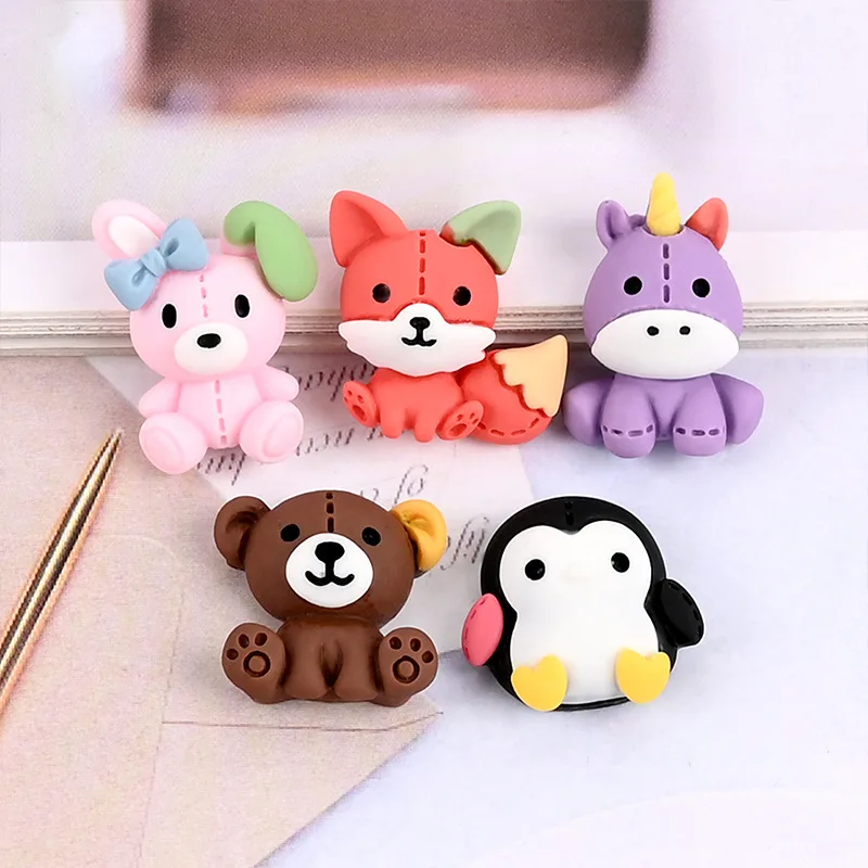 Cute Resin Colorful Small Animal, Kawaii Bear, Fox, Rabbit, Penguin, Flat Back Ornament Accessories, DIY Decorations, 10Pcs