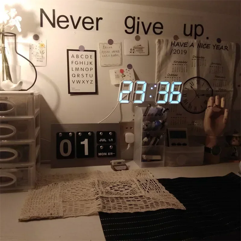 3D LED Digital Wall Clock Adjustable Glow Night Mode Home Decor Electronic Watch Garden