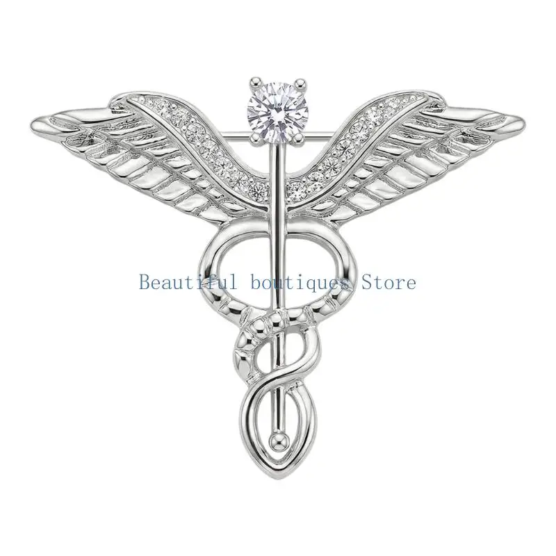 U4LF Fashion Statement Brooch Pin with Caduceus Shape and Clear Stone Detail, Copper Piece for Lapel, Scarf and Collar