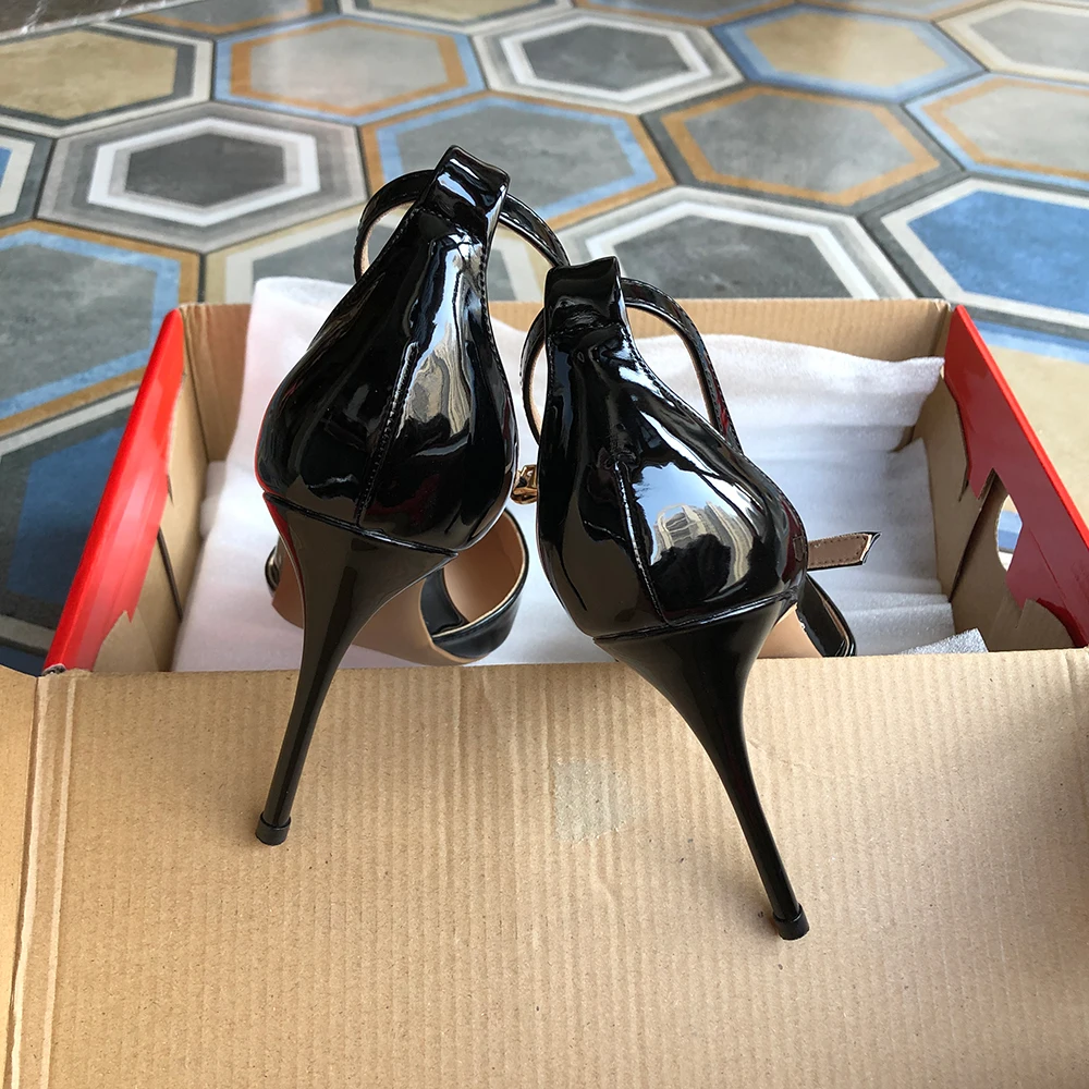 Heelgoo anteriore V Cut donna Glosssy nero punta a punta cinturino alla caviglia scarpe tacco alto eleganti signore Stiletto pompe colore