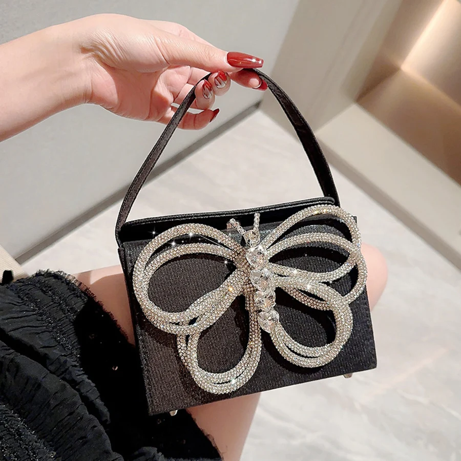 Luxury Diamonds Bow Women Handbags Designer Satin Box Shoulder Crossbody Bags Shinny Evening Bag Elegant Party Small Flap Purses