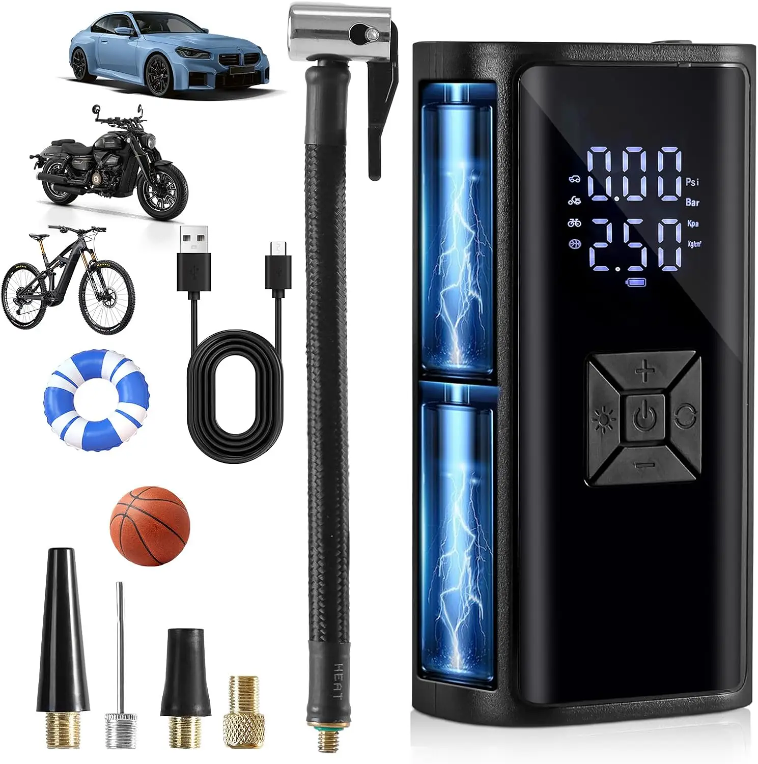 

Portable Tire Inflator with LED Light, Digital Gauge, Auto Shut Off – Cordless Air Compressor for Car, Bike, Motorcycle, Ball