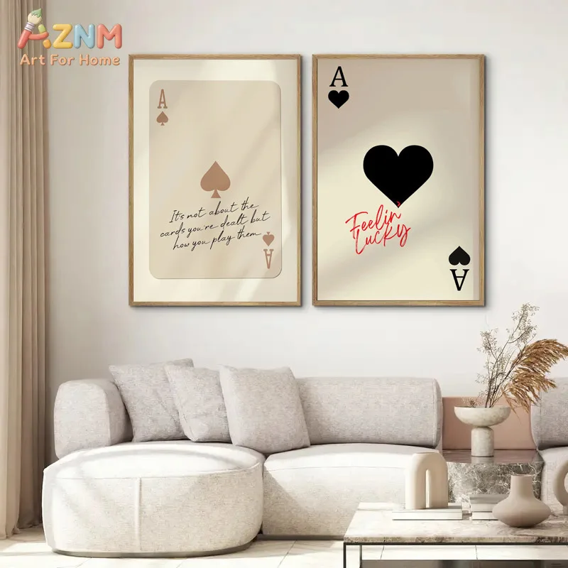 AZNM Ace of Spades Feeling Lucky Canvas Wall Art, Retro Playing Card Quote Print Poster, Unframed Minimalist Poker Game Room Ill