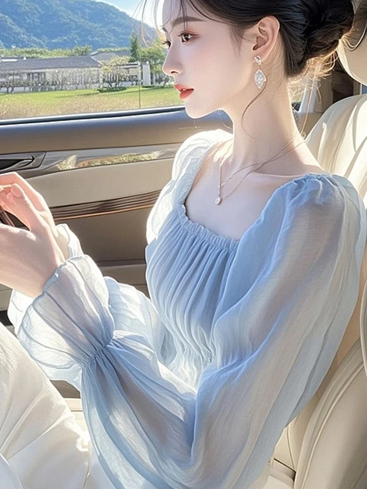 

Ele Blue Square Collar Chiffon irt Women's Faion Spring 2025 Slim Fit Long Sve Pure Color Commute Sle irt