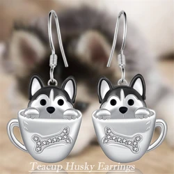 1Pair Cute Teacup Husky Pendant Earrings Exquisite Women's Pet Puppy Jewelry Accessories Perfect Holiday Gift for Dog Lovers
