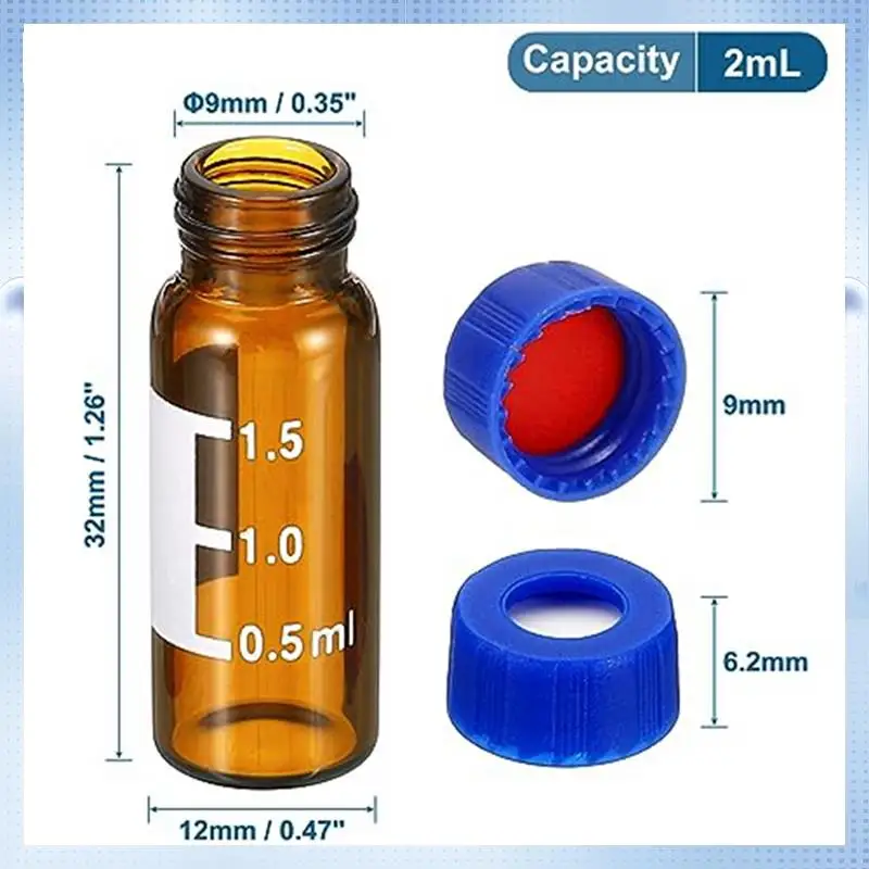 A82Q-100PCS  HPLC/GC Vials 9-425 Lab Amber Vials Sample Vial Screw Cap Writing Patch Brown