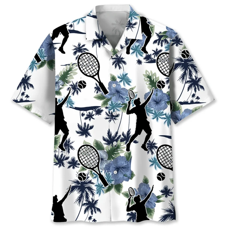 Camisa hawaiana con estampado 3d para hombre, camisa deportiva con estampado de raqueta y pelota de tenis, manga corta, botón de solapa, blusa de verano