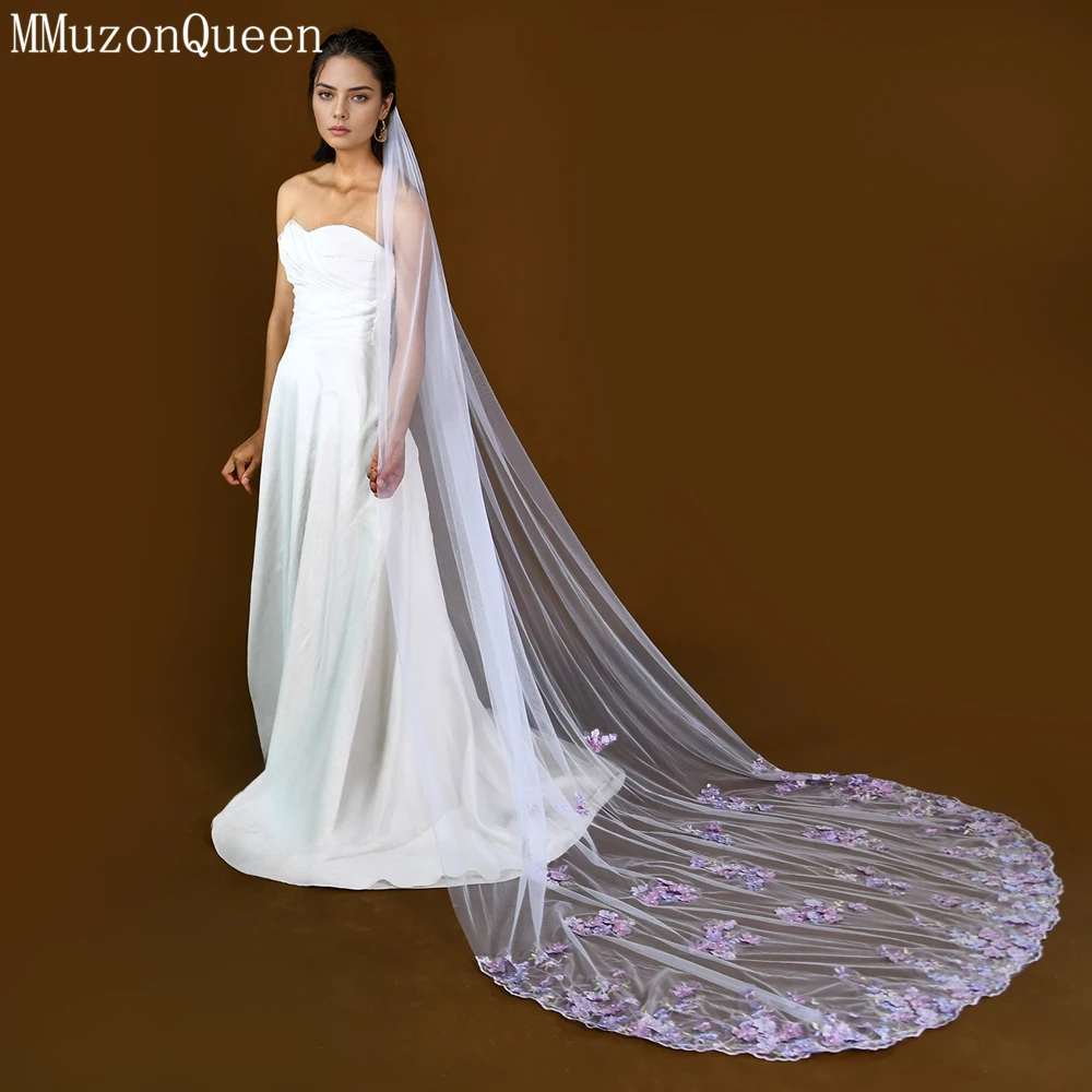 MMQ M109 Purple Applique Bridal Veil For Wedding With Pearl Deco Soft Tulle White Veil Wedding Dress Party cosas para boda 2024