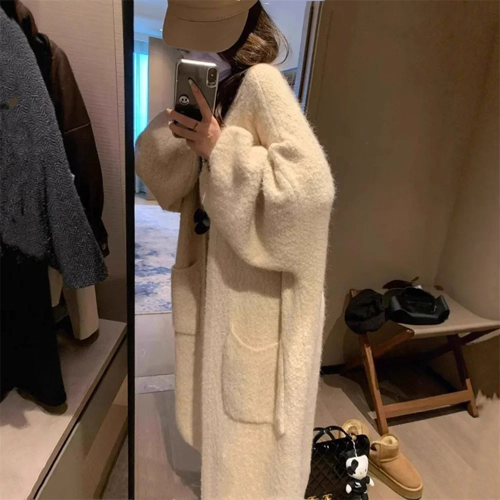 

Women's Autumn Winter New Style Pure Color Sweater Jacket Elegant Commute Soft Cozy Korean Style Loose Long Knitted Cardigan