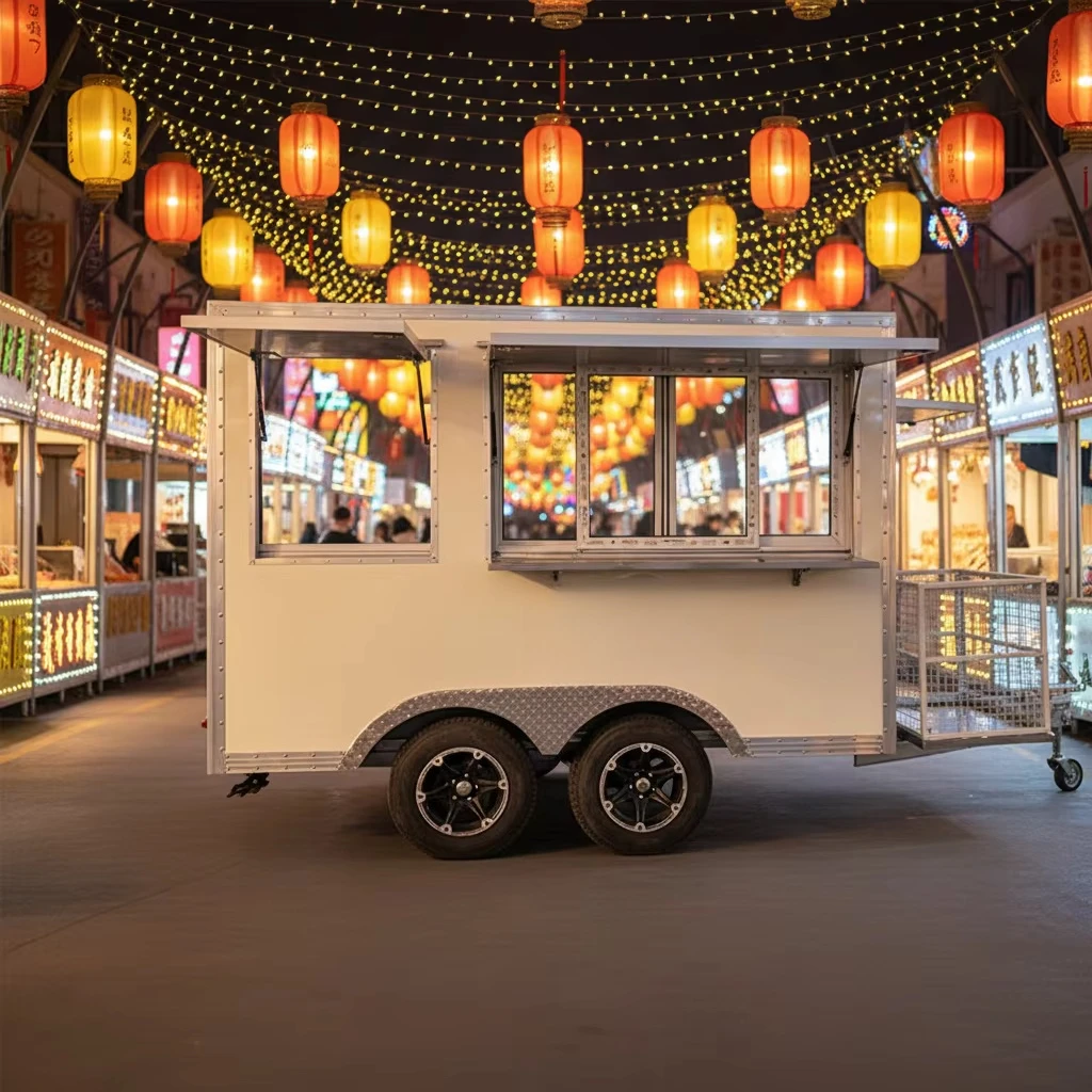 High-End Custom Square Double Axle Mobile Food Trailer Complete Stainless Steel Setup for Modern Fast Food Street Catering