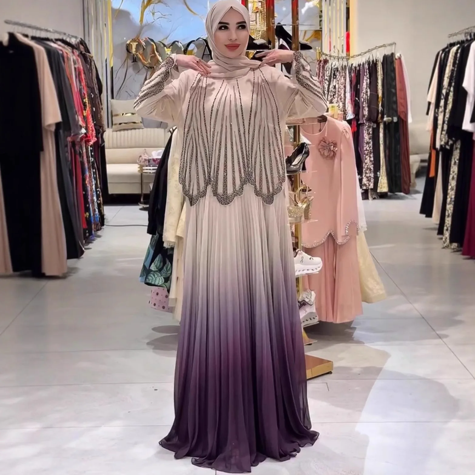 Eid Skirt Suit Women 2 Piece Set Blouse Top Gradient Skirts Diamonds Ramadan Morocco Ensemble Dubai Islam Muslim Modest Outfits