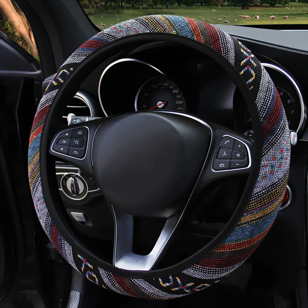 1pc Ethnic Style Print Car Steering Wheel Cover Guard Decoration Anti Slip Protector Linen Elastic Auto Accessories Universal