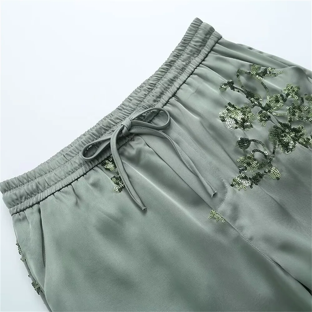 Zach Ailsa 2024 Spring New Product Women\'s Bead Decoration Silk Satin Texture Shirt Fashion High Waist Pants Casual Set