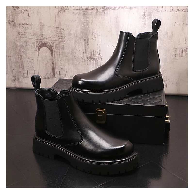 

men luxury fashion chelsea boots black stylish original leather shoes cowboy platform ankle boot handsome spring autumn botas