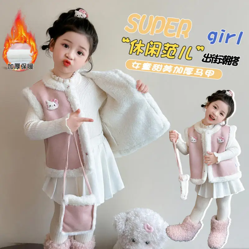 

Sanrio Girls' Warm Vest Hello Kitty Autumn Winter New Korean Style Cartoon Anime Jacket Children Cute Fashion Thick Casual Vest