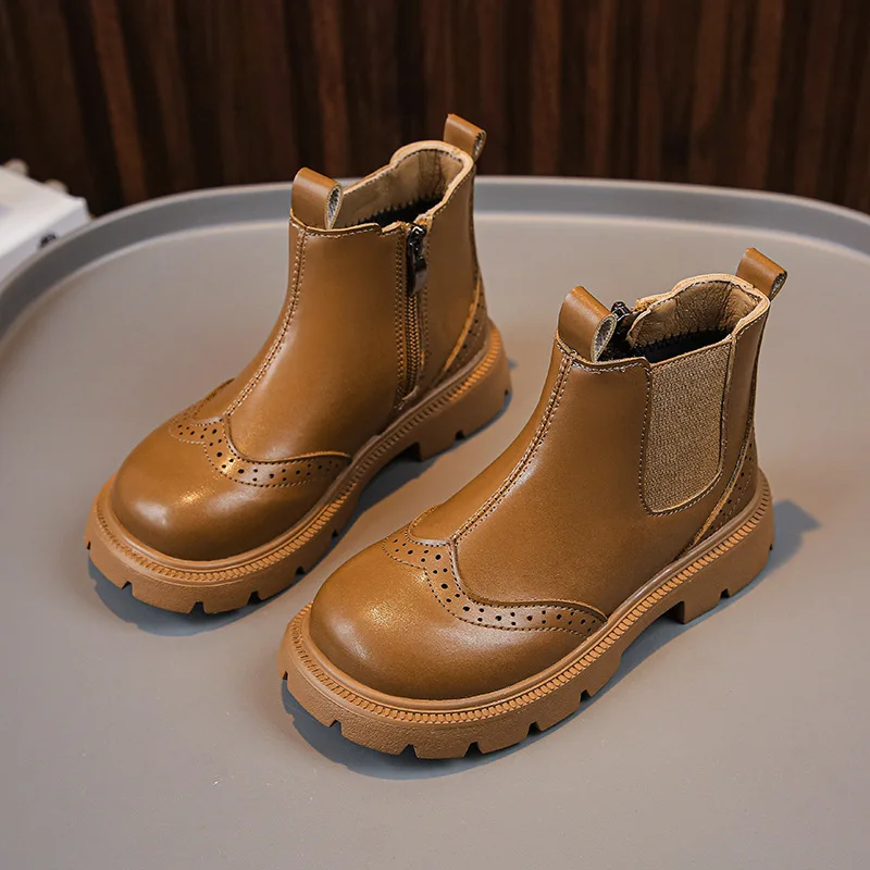 2023 Autumn and Winter Children Girls Chelsea Boots Versatile Soft Fashion Round-toe Kids Leather Boots for Boys Retro Britain