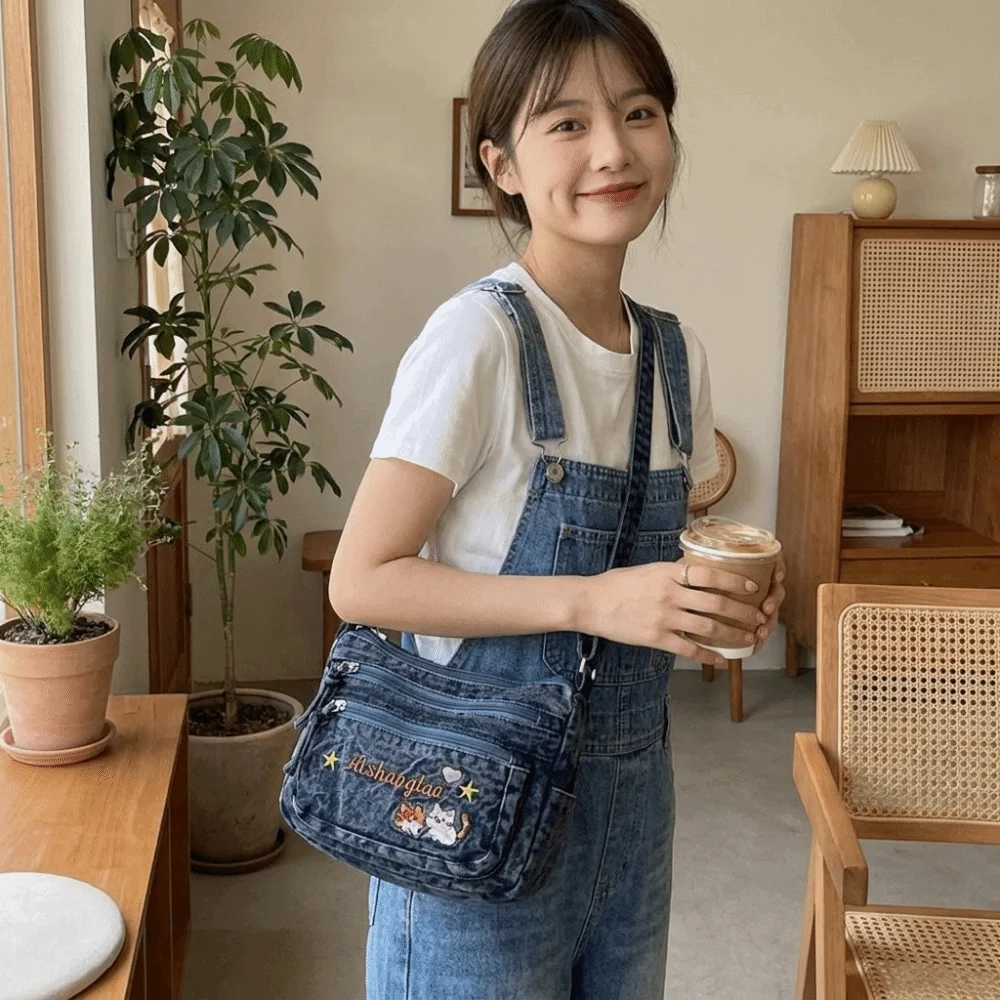Embroidery Cat - Vintage Fabric Denim Crossbody Bag Adjustable