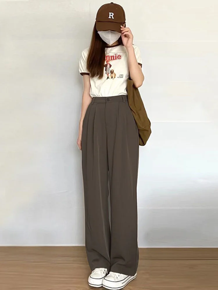 

Khaki Wide Leg Pants Women's Summer Spring And Autumn High Waist Hanging Feeling Thin Straight Tube Casual Small Suit Pants
