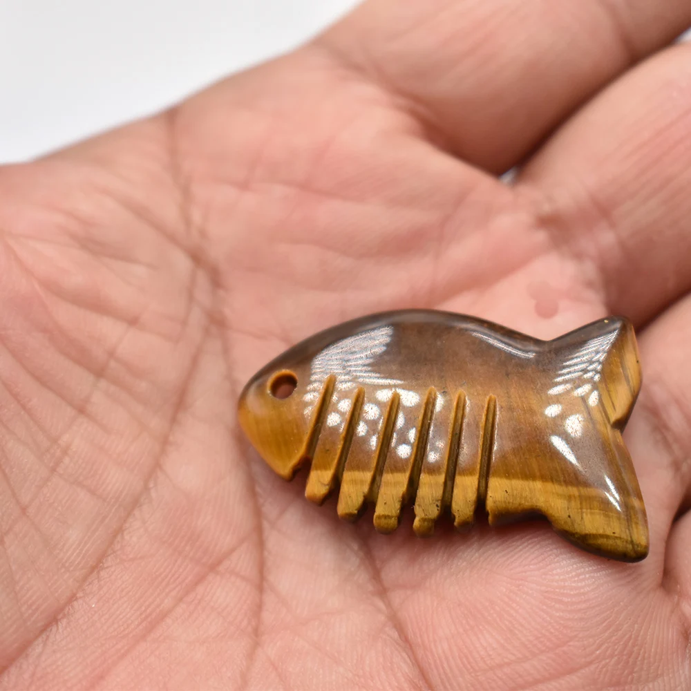 Wholesale 6pcs/lot natural tiger eye stone obsidian rose quartz semi-precious fish shaped fish bone pendant for diy necklace