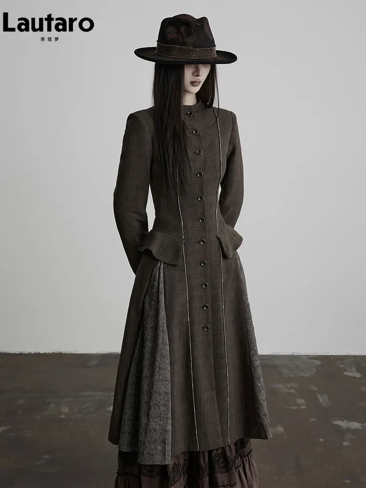 Lautaro Spring Autumn Extra Long Patchwork Fitted Trench Coat for Women Single Breasted Elegant Luxury Chic Emo Clothes Overcoat