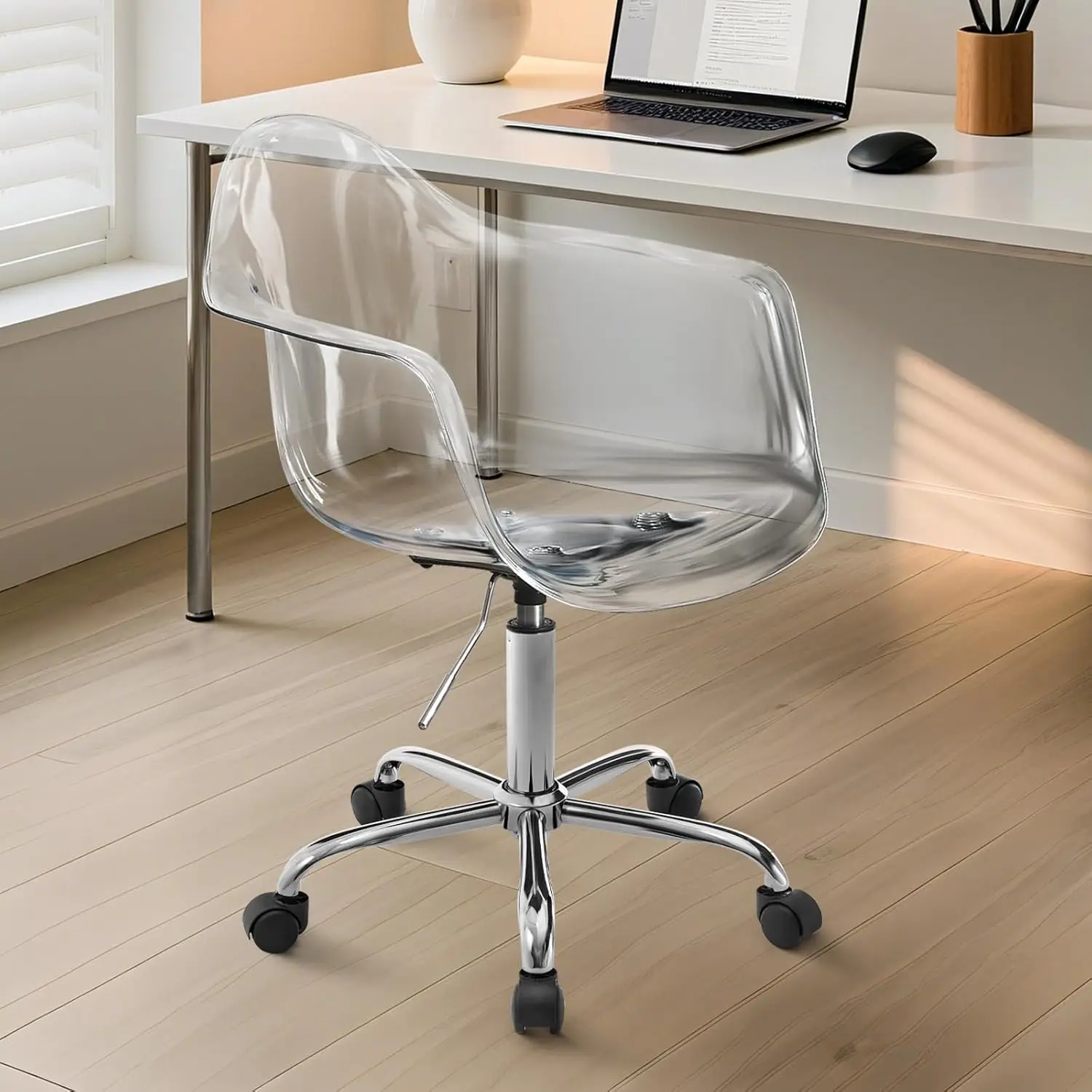 Home, Office, Bedroom, Clear Acrylic, Silver, Armless, Adjustable Height, Swivel with Wheels