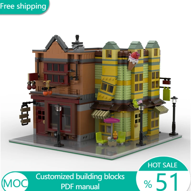 1698 pièces de blocs de construction modulaires MOC personnalisables, thème Rue Urbaine, pour magasins de produits haut de gamme et glacieries, jouet de vacances DIY pour garçons, cadeaux