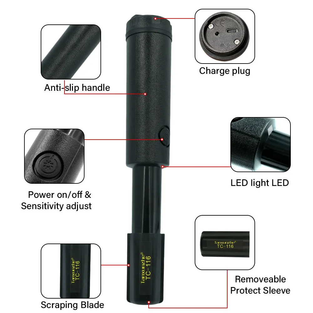 เครื่องตรวจจับโลหะแบบพกพา TC-116 กันน้ำได้อย่างสมบูรณ์ ไฟ LED ปรับได้ เครื่องตรวจจับแบบมือถือ ระบุตำแหน่งได้อย่างแม่นยำ ค้นหาทองคำ