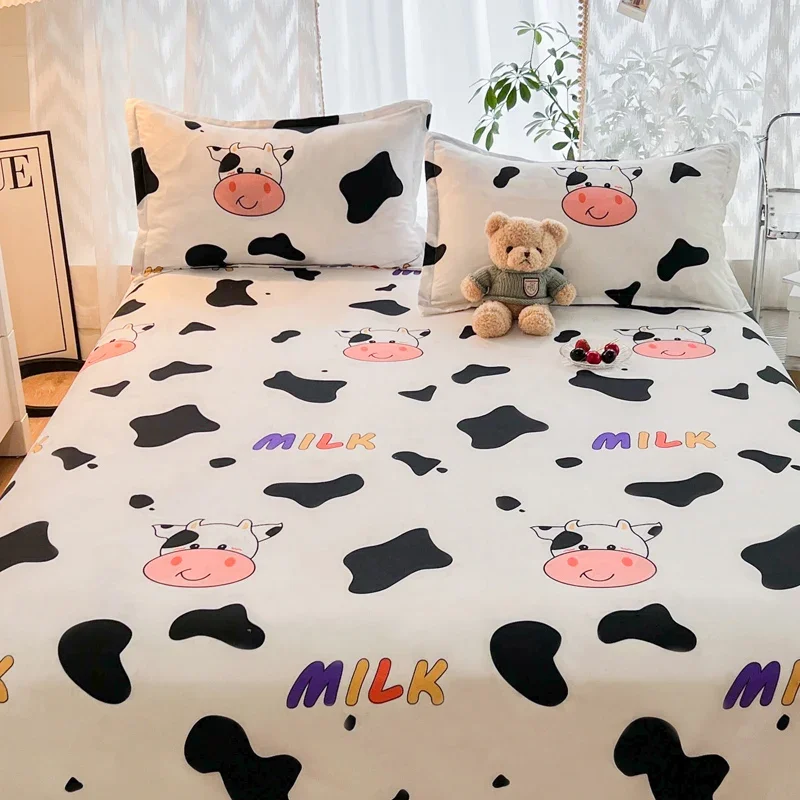 Cute Milk Cow Flat Sheet Twin King Cartoon Farm Animal Bed Sheet Set for Girl Teen Room Decor Kawaii Bed Cover with 2 Pillowcase